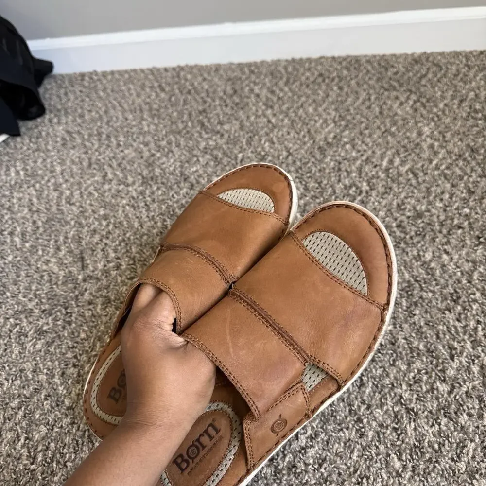 Born Men's Flores Full Grain Leather Slip-On Sandal Camel Brown Slide Sz 12 M